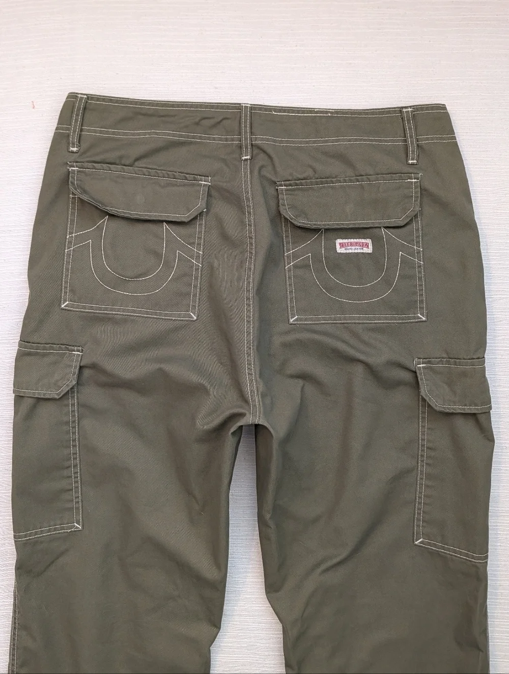 True Religion Ripstop Cargo Pants Kalamata Green White Stitch Men Sz 36